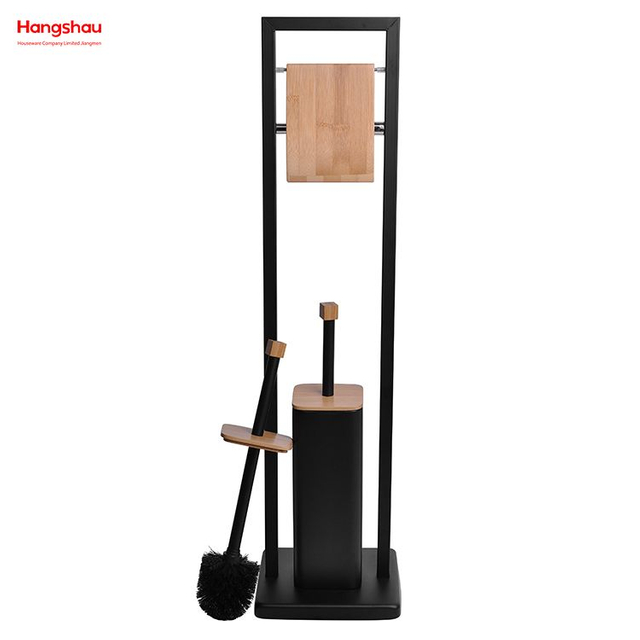 Schwarz pulverbeschichteter stehender Toilettenbürstenhalter aus Bambus und Metall. Freistehender Toilettenbürsten- und Papierhalter aus Edelstahl mit Lackspray 