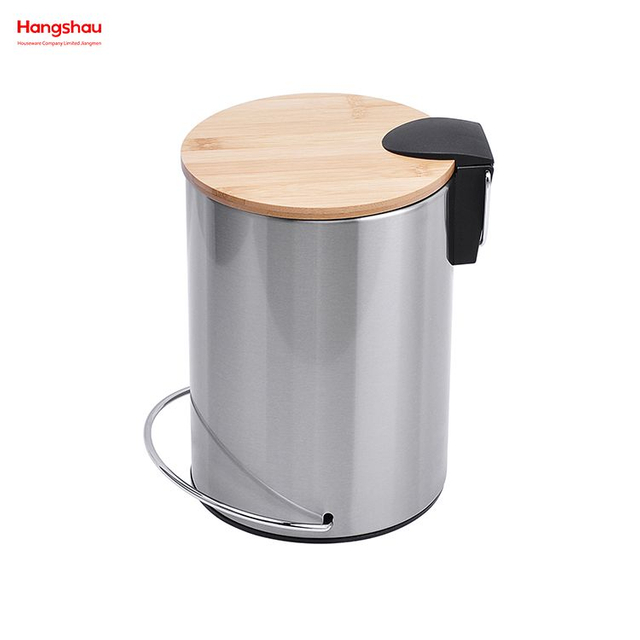 3L Edelstahl runder Treteimer Mülleimer Mülltonne Bambusdeckel Pulverbeschichtung für den Innenmülleimer Haushaltsstreifen Tretabfallbehälter Bambus-Staubbehälter 