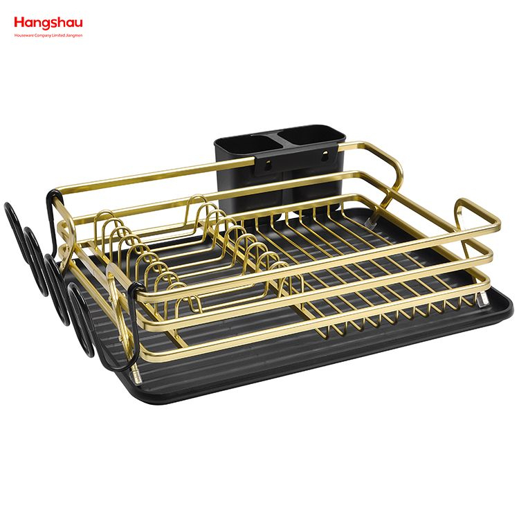 Schwarzer, goldener Geschirrständer aus Aluminiumlegierung über der Spüle, Organizer, Metall-Trocknungs-Kunststoff-Geschirrtablett-Regal, Küchenständer, Geschirrregal, Arbeitsplatten-Geschirrregal, Getränkehalter 