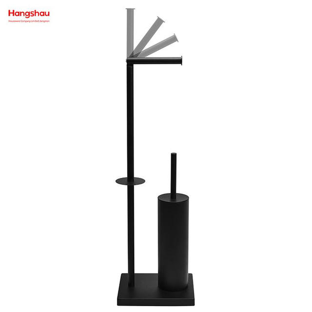 Schwarzer, pulverbeschichteter, stehender Toilettenbürsten- und Papierhalter aus Metall mit Handtuchhalter, Badezimmer-Reinigungszubehör