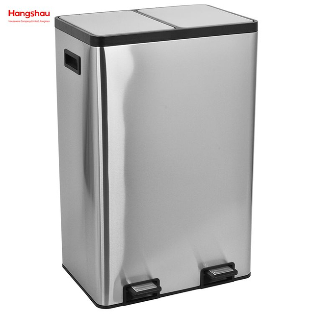 Hangsahu 60 Liter / 16 Gallonen Rechteckige Freisprechfreak-Doppelfach-Recycling-Küchenstufe Müll mit weicher, schließenem Deckel, gebürstetem Edelstahl