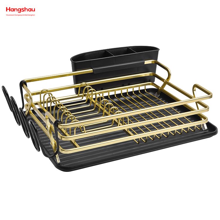 Schwarzer, goldener Geschirrständer aus Aluminiumlegierung über der Spüle, Organizer, Metall-Trocknungs-Kunststoff-Geschirrtablett-Regal, Küchenständer, Geschirrregal, Arbeitsplatten-Geschirrregal, Getränkehalter 