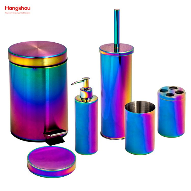 Polieren, Galvanisieren, Regenbogenfarben, Badezimmer-Accessoires, Luxus-Set, Luxus-Familien-Seifenspender, Zahnbürstenhalter, Becher, Seifenschale, Toilettenbürstenhalter aus Keramik 