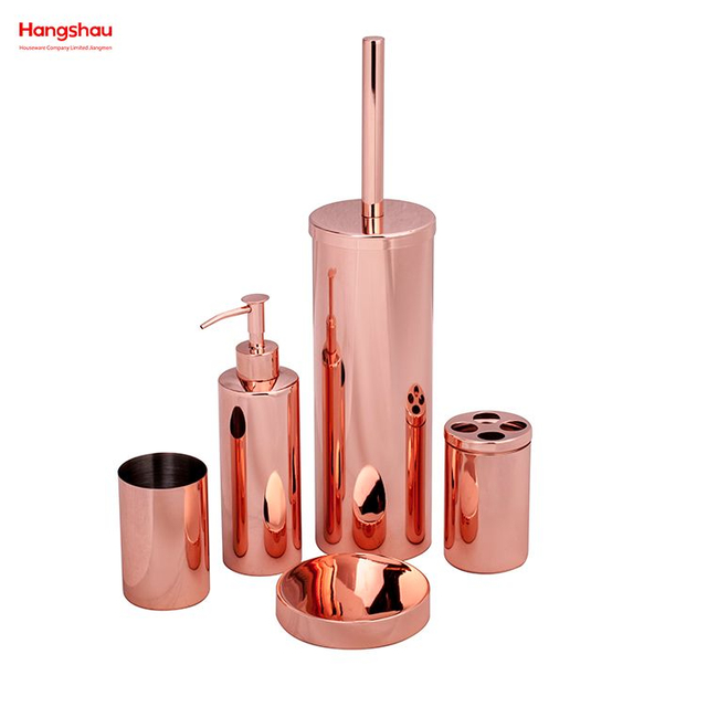 Polieren, Galvanisieren, roségoldenes Badezimmer-Zubehör, Luxus-Set, luxuriöser Familien-Seifenspender, Zahnbürstenhalter, Becher, Seifenschale, Toilettenbürstenhalter aus Keramik 