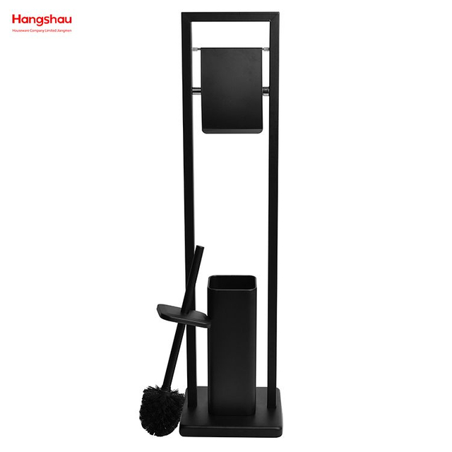 Schwarz pulverbeschichteter stehender Toilettenbürstenhalter aus Metall. Freistehender Toilettenbürsten- und Papierhalter aus Edelstahl mit Lackspritzfunktion