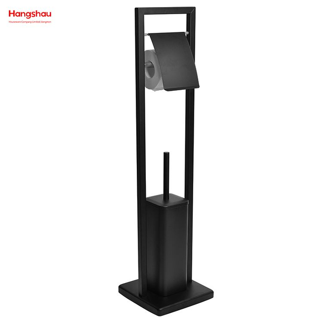 Schwarz pulverbeschichteter stehender Toilettenbürstenhalter aus Metall. Freistehender Toilettenbürsten- und Papierhalter aus Edelstahl mit Lackspritzfunktion